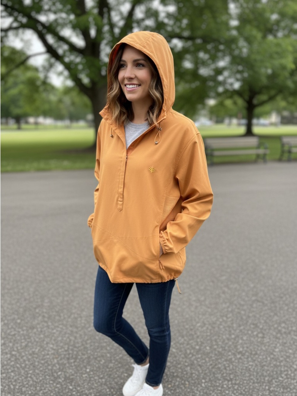 Coolibar Windbreaker Woman’s Jacket UPF50+ Pullover Hoodie Size XL Yellow